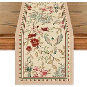 Spring floral table runner with brown birds and blossom print dining room decor